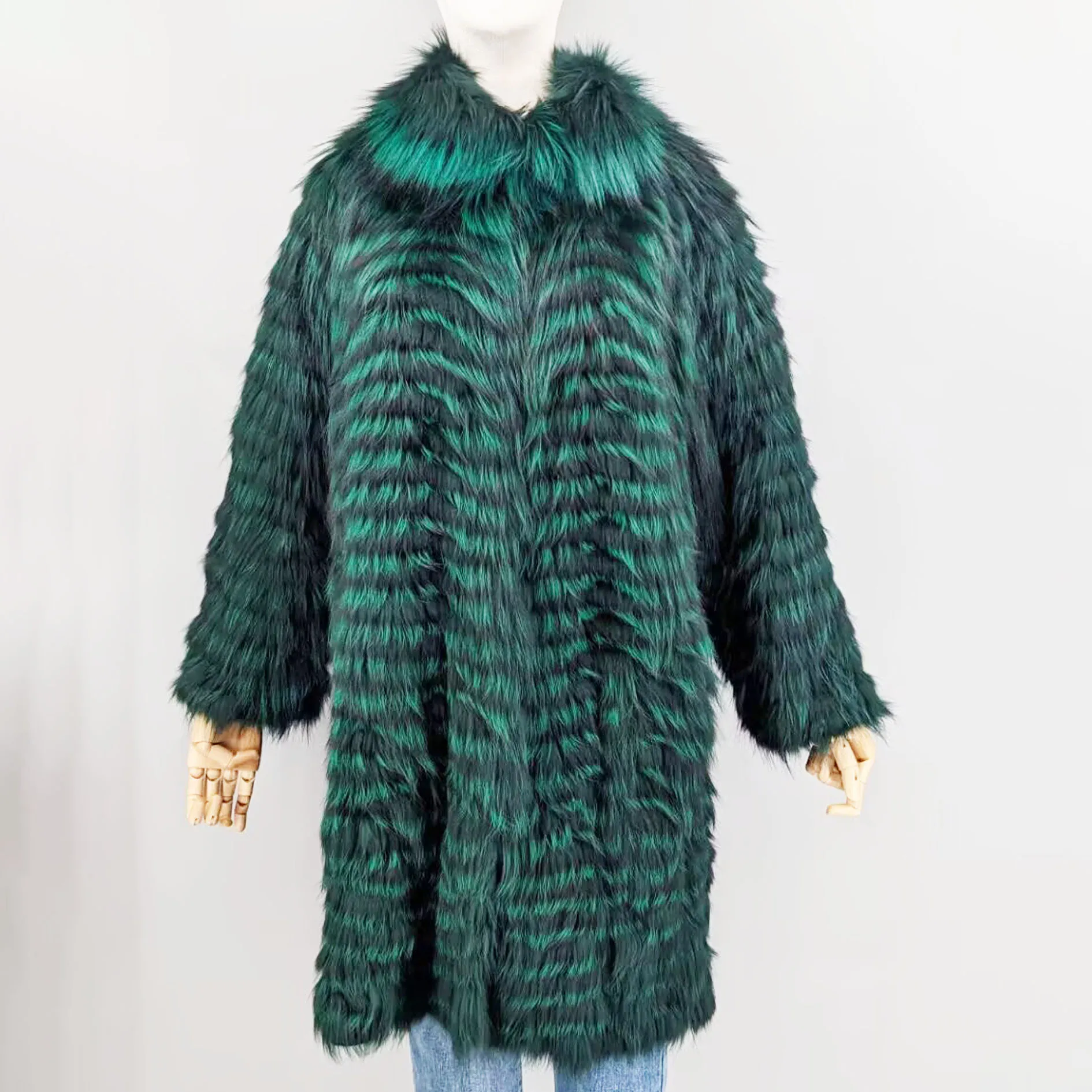 Women's Striped Real Silver Fox Fur Coat, Long Cardigen with Wool Lining, Big Size Clothes, Elegant Outwear, Spring, Lux18A09164