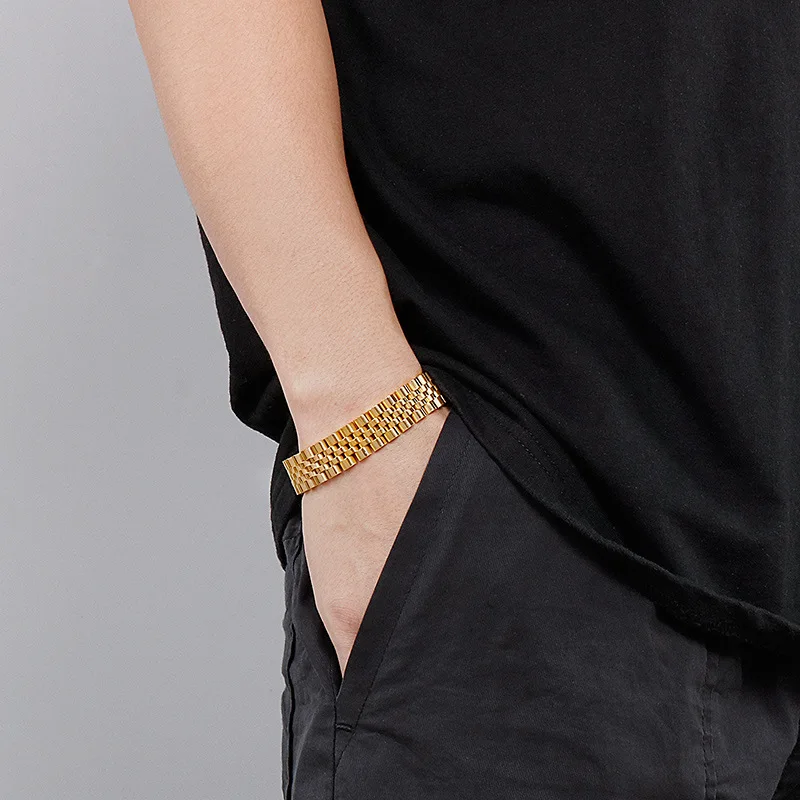 10/ 15MM Punk Gold Color Strap Watch Chain Bracelet Men Women Hiphop Blue Rainbow Stainless Steel Biker Watchband Bangle Jewelry