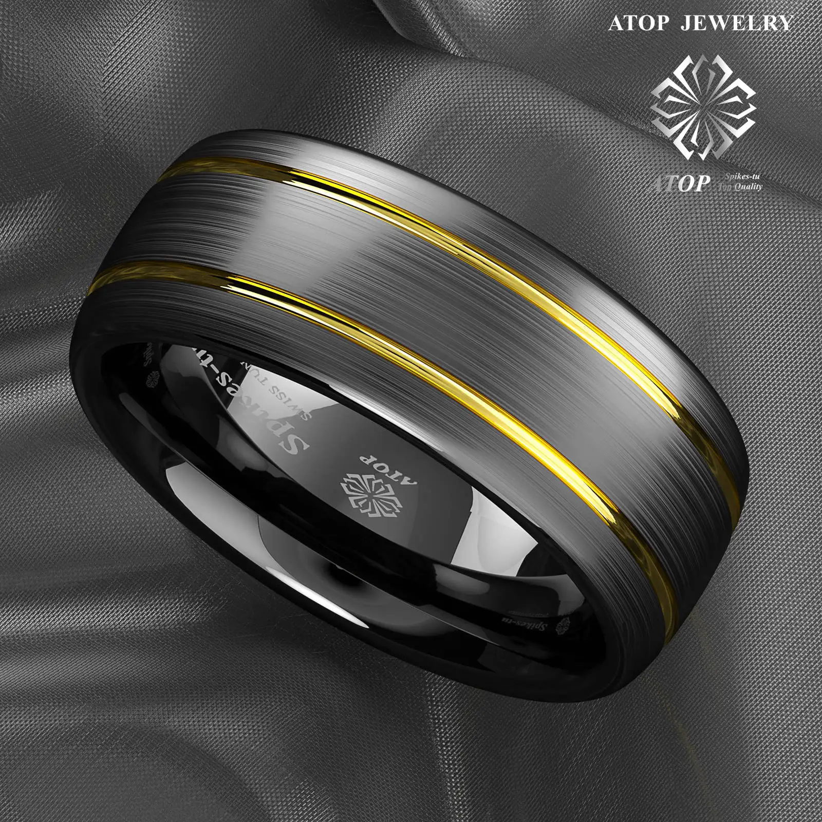 

8mm Brushed Dome Black Tungsten Ring Gold inlay men's wedding band jewelry Free Shipping