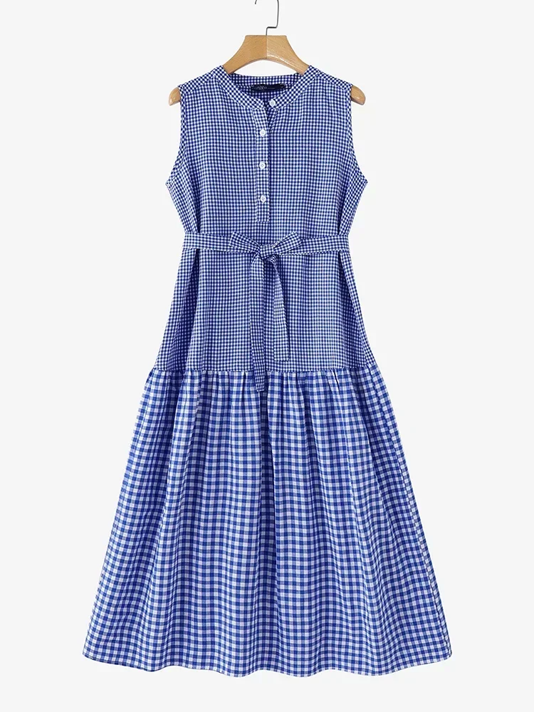 ZANZEA 2025 femmes été longue robe mode col rond sans manches Plaid robes vacances plage ceinturée une ligne décontracté Midi robe d'été