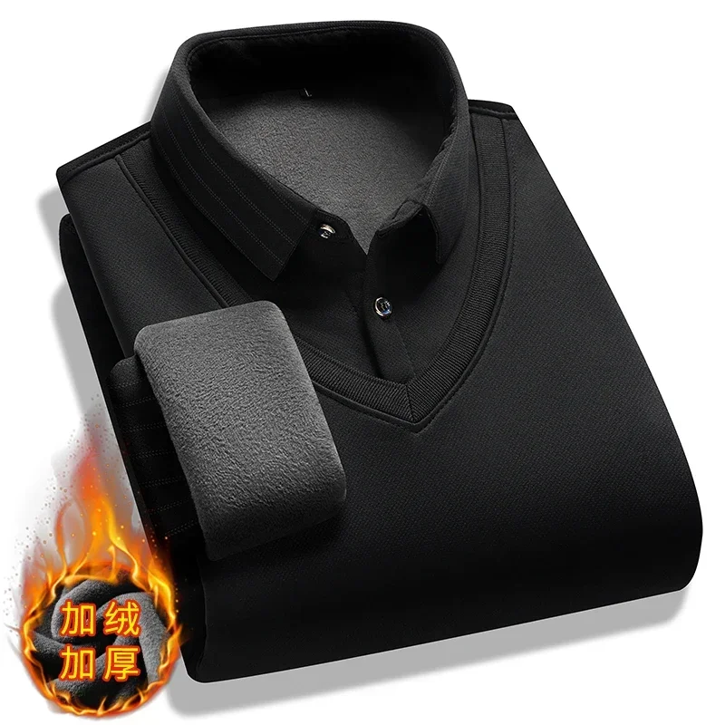 Men Fake Two Piece Pullover Knitted Sweater 2024 Winter Warm Top Thickened Velvet Fleece Lined Shirt Collar Sweater Men Clothes