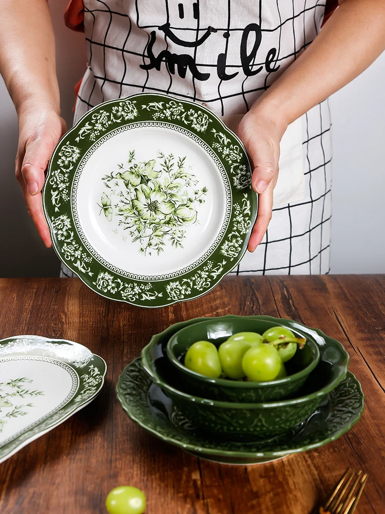 AhenderJiaz-French Green Dining Plate, Vintage Ceramic Soup Bowl, Handcarved Household Kitchenware Set, Sushi Plate