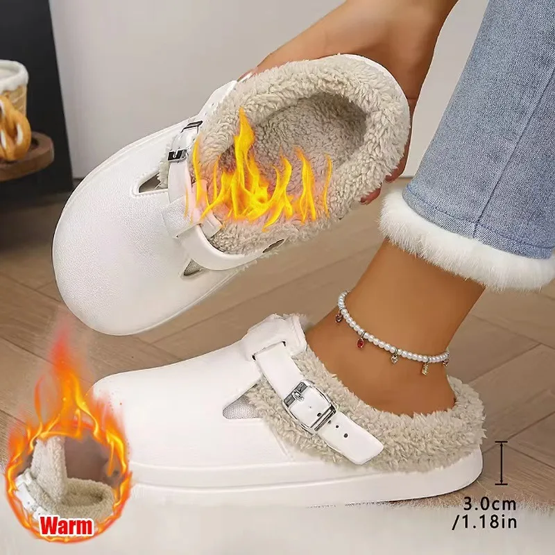 2026 Zapatillas EVA impermeables de invierno para mujer, pantuflas peludas de felpa cálidas, toboganes interiores con hebilla de Metal de fondo grueso antideslizante