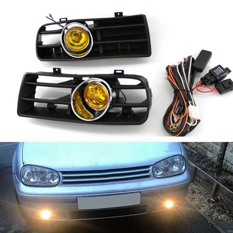 1 Pair Front Bumper Grill Lamp Grill Fog Lights With Wire Kit Yellow For Volkswagen Golf MK4 1998-2004