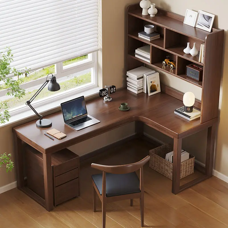 *Solid Wood L-Shaped Corner Desk Durable Modern Double Office Computer Desk Space-Saving Easy Assembly Long Writing Desk for Hom