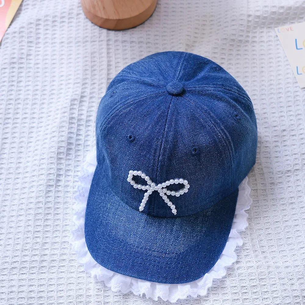 Girls Bow Lace Denim Baseball Hats Fashion Children Peaked Hat Cotton Baby Casual Princess Caps Cotton Retro Kids Sunscreen Cap