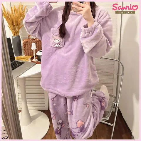Ensembles de pyjama Sanurgente Kuromi pour femmes, vêtements de nuit chauds en peluche, vêtements de maison de dessin animé imprimé mignon, doux, cadeau de la Saint-Valentin, hiver, nouveau