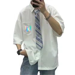 Reflective Shirt For Male Summer Preppy Loose Design Tops Luminous Butterfly Short Sleeve Blouse With Necktie Unisex Clothes