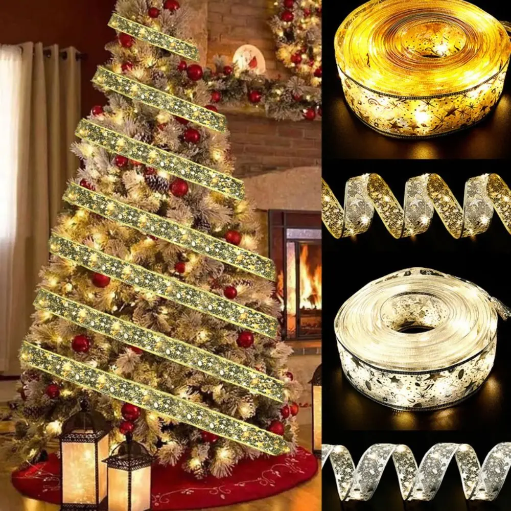 10m 100 Lights Christmas Ribbon Lights Battery-Powered LED Christmas Tree Decoration Light Polyester Flashing