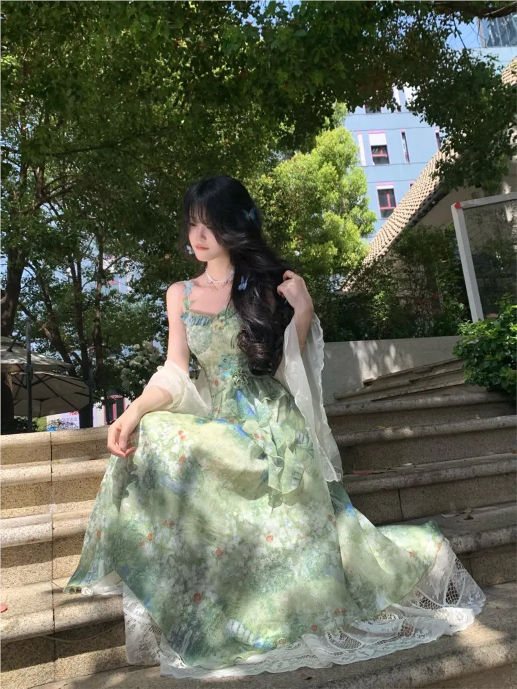 green oil painting style tea break waist-cinching halter dress