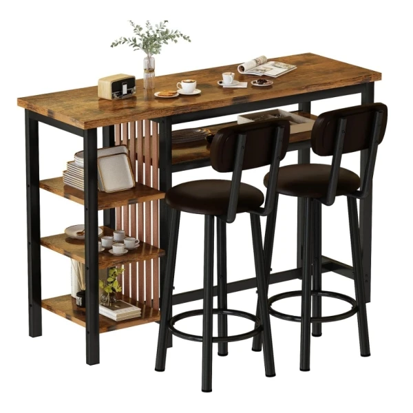 

Modern 4Tier Storage Kitchen Island Backrest Wooden Bar Table and Chair Set Metal Frame Luxury Bar Height Dining Table Set