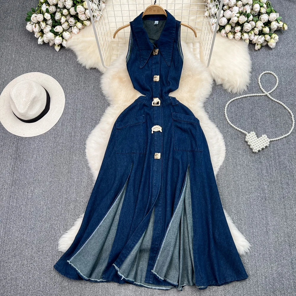 

Women's Retro A-Line Slit Denim Dress Lapel Hollow Out Waist Cinched Waist Slimming Sleeveless Single Breasted Casual Long Skirt