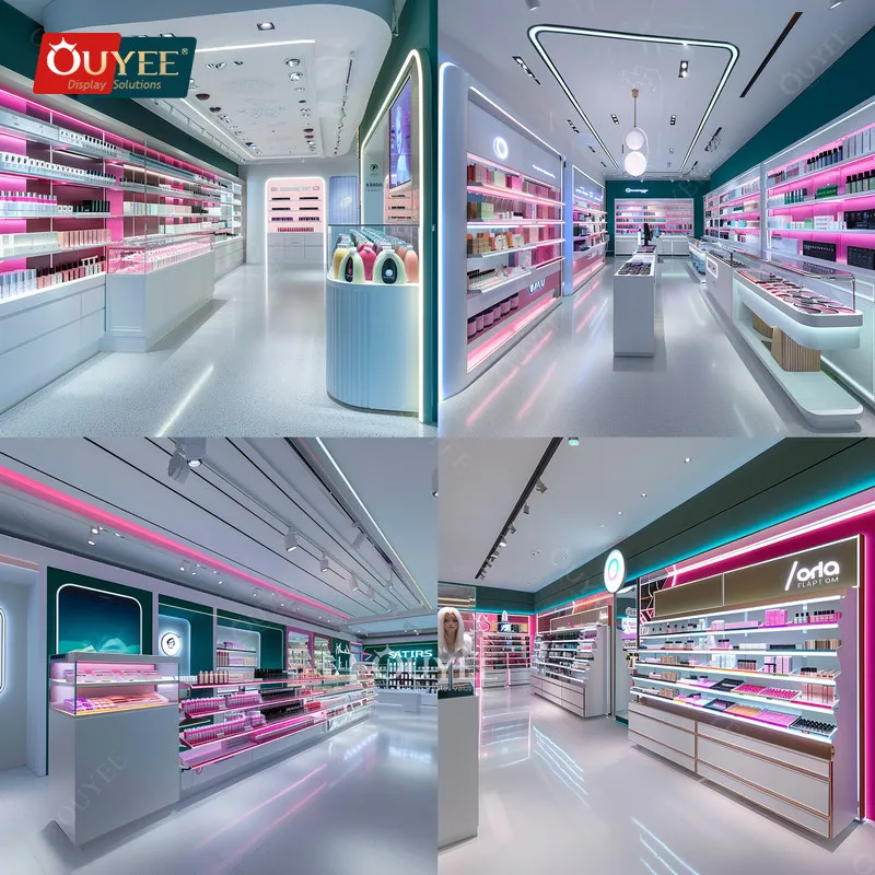 Customized-Modern Cosmetics Display Shop Perfume Glass Shelves Wig Shop Design Beauty Hair Store