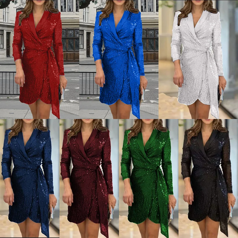 

Fashion Sequins Party Dress for Women 2024 Sexy Shiny Waist Lace Up Long Sleeve Office Commuting Dress Elegant Lady Prom Dresses