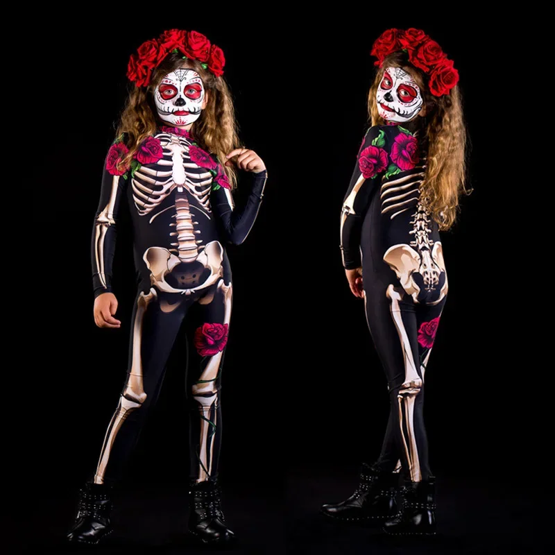 2026 Mädchen Jungen Gothic Geisterbraut Cosplay-Set Skelett-Rosen-Print Bodysuit für Kinder Halloween Karneval Kostüm-Party – Detail 8