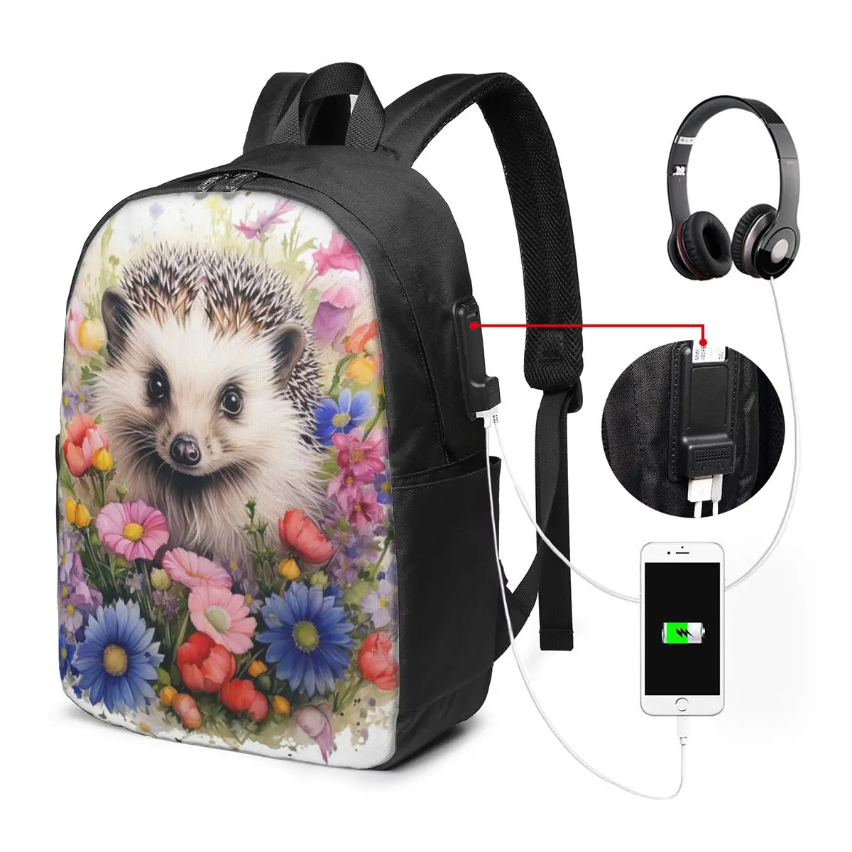 Cartoon Hedgehog In Grass With Flower Backpack Travel Notebook Bag Computer College Student School Bag Laptop Shoulder Bags