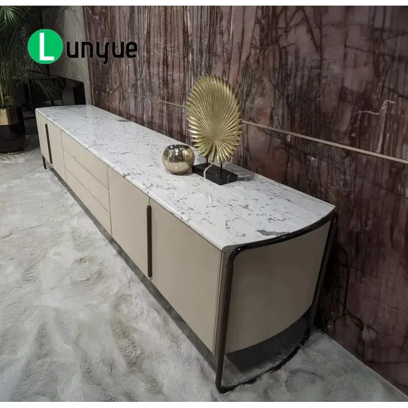Italian Modern Saddle Leather Marble TV Cabinet High Quality Wooden Media Console Storage Unit for Living Room Furniture