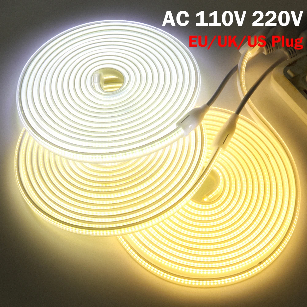 

AC 110V 220V COB LED Strip 288LEDs/m Waterproof Flexible Tape with US/EU/UK Plug Warm Natural White Kitchen Under Cabinet Lamp