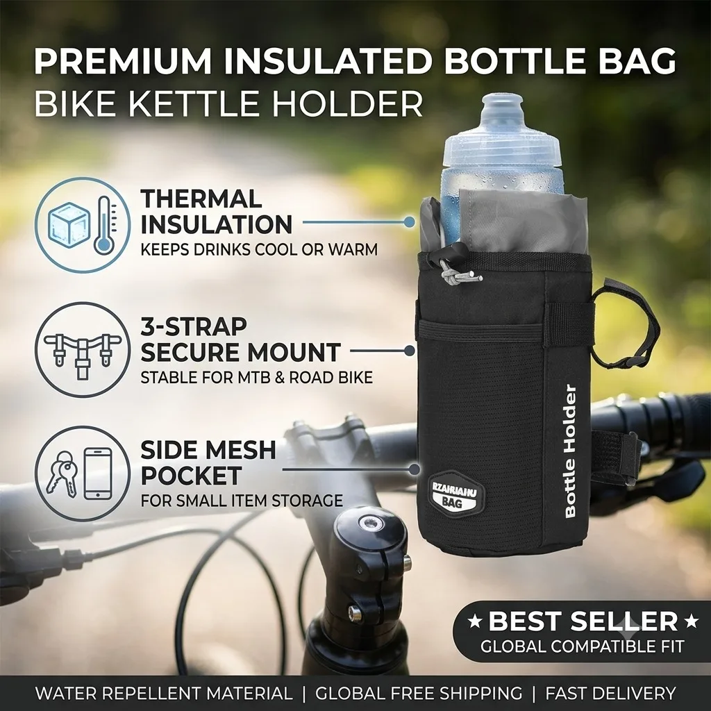 Bicycle Handlebar Bag Bike Water Bottle Holder Carrier Pouch Insulated Thermal Kettle Bag 3 Strap Mount For MTB Road Cycling