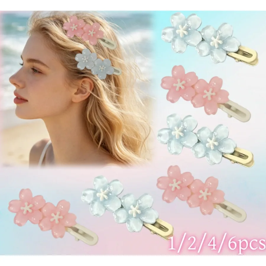 1/2/4/6pcs Cute Cherry Blossom Hair Clips Girls Women's Side Bangs Barrettes Pink Blue Hairpins Elegant Flower Hair Accessories