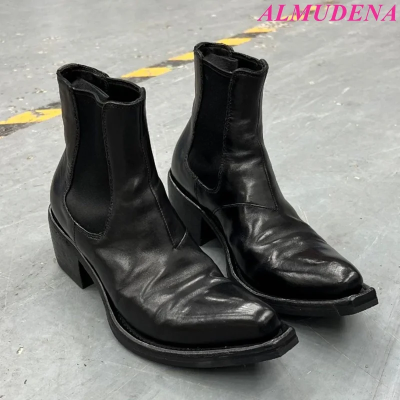 Black Real Leather Chunky Low Heels Ankle Boots Women and Men Causal Dress Chelsea Booties Luxury Designer Vintage Soft Shoes