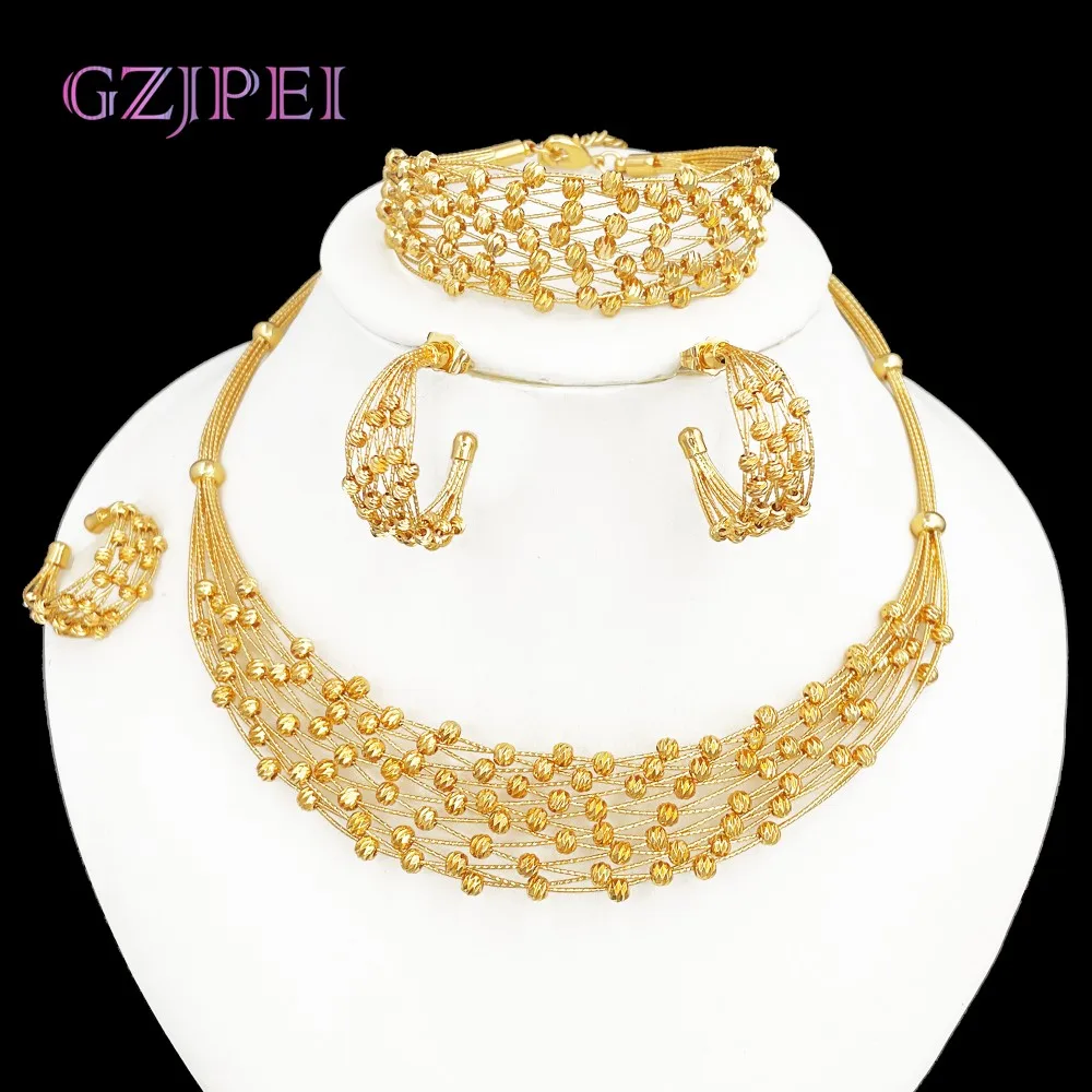 

GZJPEI Handmade Women Jewelry Set Multi-layer 18K Gold Plated Beads Set Hight Quality Birthday Wedding Jewellery Accessories