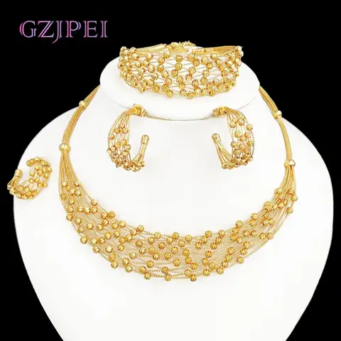 GZJPEI Handmade Women Jewelry Set Multi-layer 18K Gold Plated Beads Set Hight Quality Birthday Wedding Jewellery Accessories
