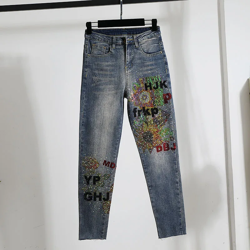 

Fashion Diamonds Jeans Female Patchwork Slim Pants Sequins Denim Pants Spring Summer Trousers Vaqueros de verano para mujer