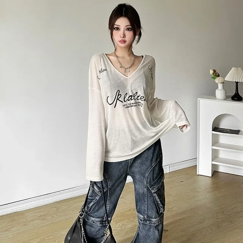 Summer American Fashion V Neck Long Sleeve Thin Clothes Sexy All Match High Street See-through Loose T Shirts Y2k Punk Lazy Tops