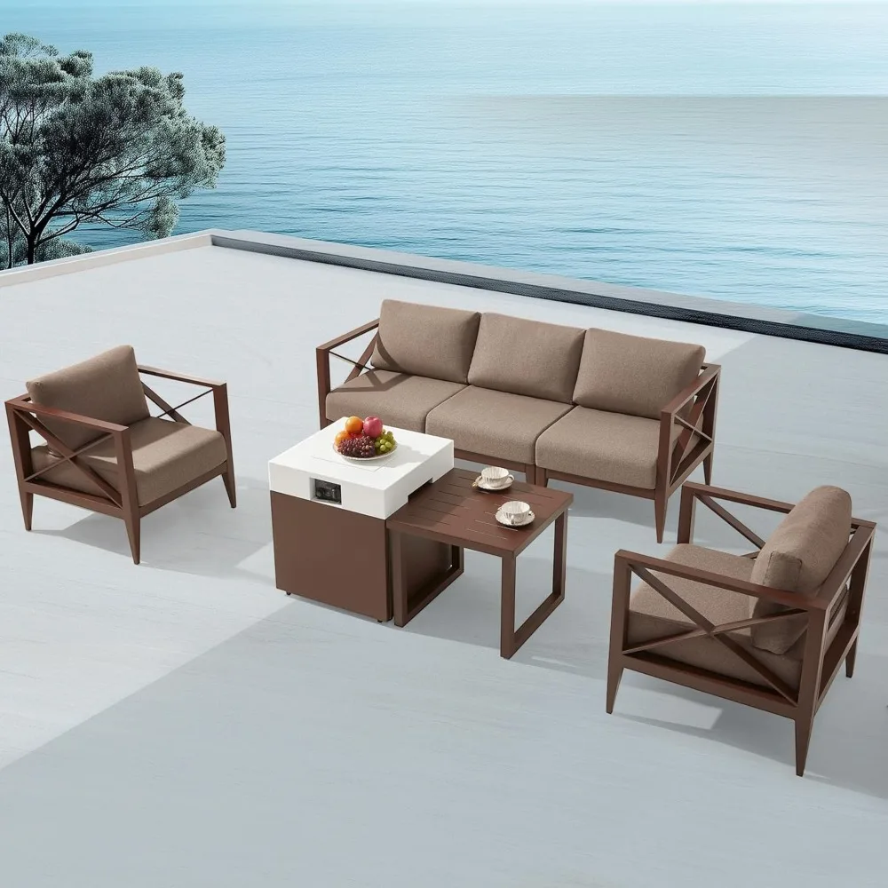 

MBY Outdoor Aluminum Patio Furniture Set, 5-Seats Patio Conversation Sofa Set with 37,000 BTU Fire Pit Table w/Glass Wind Guard,