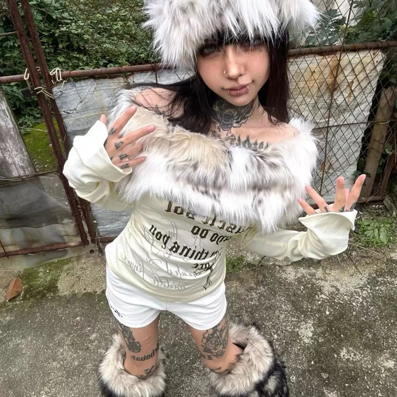 Genayooa Vintage Y2k T Shirt Women Off Shoulder Janapese 2000s Fur Collar Tops Fairycore Print Graphic Tops Aesthetic Grunge Top