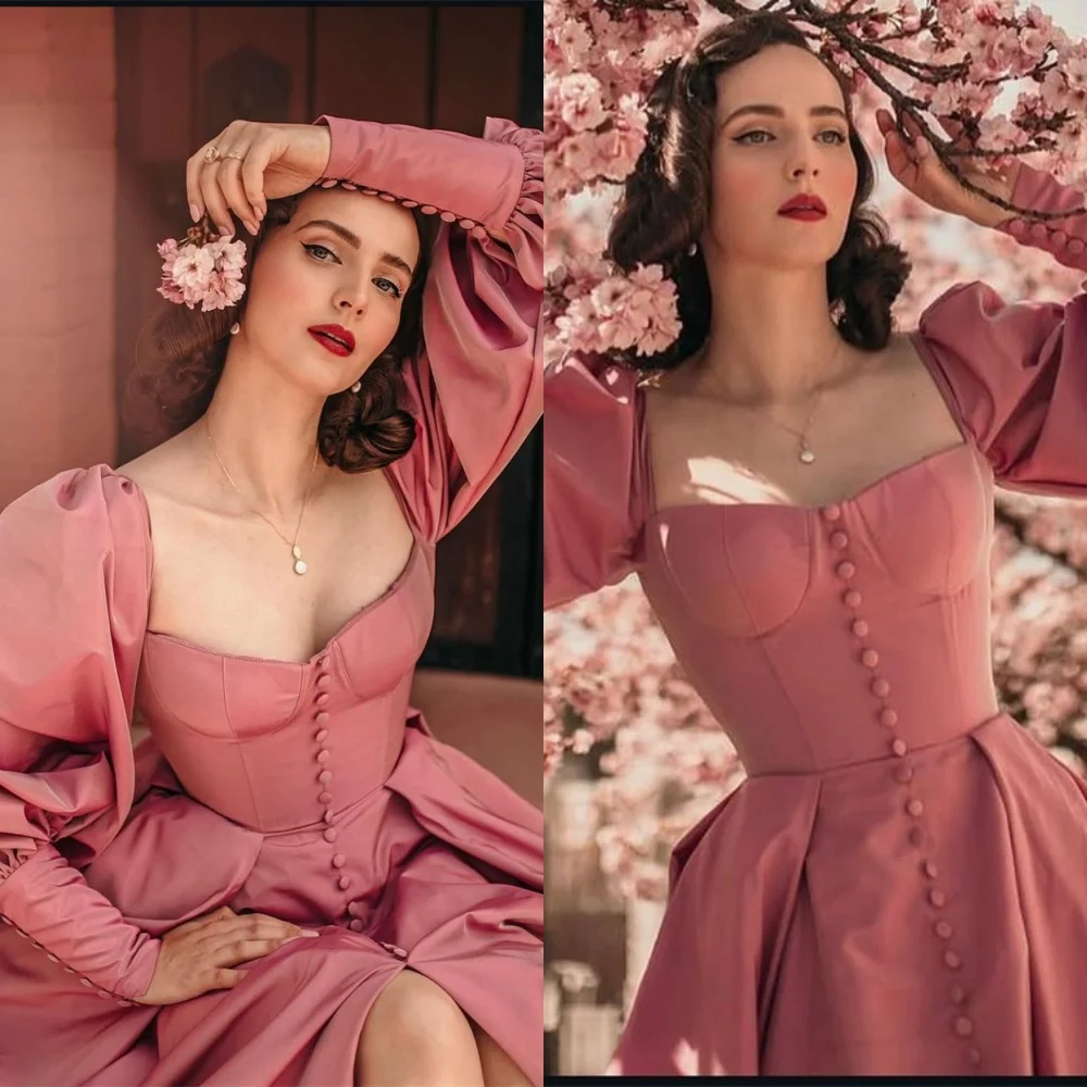 

Customized Temperament Satin Evening Dresses Fashion Square Collar Long Sleeves Homecoming Dresses Exquisite Party Gowns