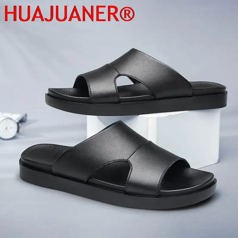 

Mans Slippers Genuine Leather Men's Summer Shoes Casual Beach Slipper Outdoor Male Home Flip Flops Soft Breathable Luxury Shoes