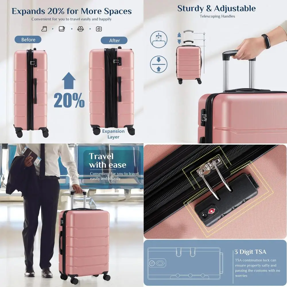 20 Expandable Hard Shell Suitcase with TSA Lock, Lightweight ABS, Double Spinner Wheels, Pink