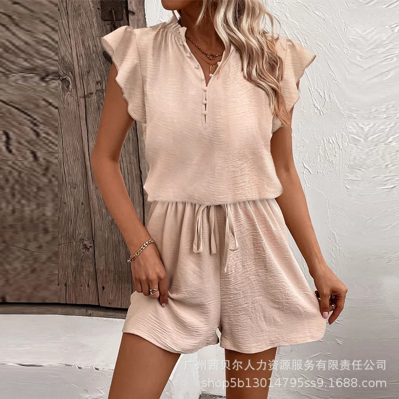 Playsuits Women Solid One Piece V Neck Fly Sleeve Casual Regular Rompers Lace Up Tight High Waist Overalls Short Pants Jumpsuits