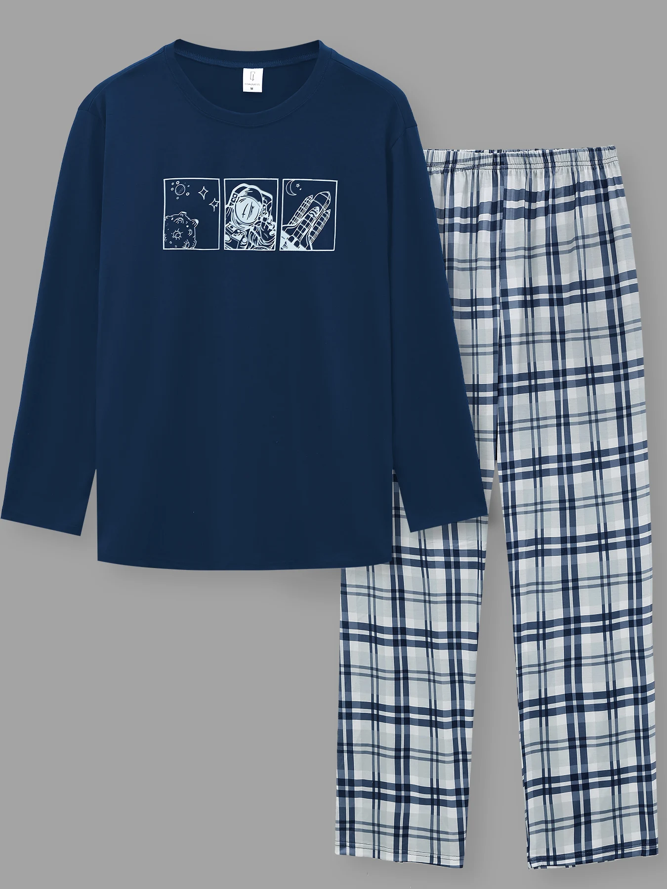 

Men's Casual Long Sleeve Loungewear, Astronaut Print T-Shirt & Plaid Pants Set, Suitable for Home & Loungewear
