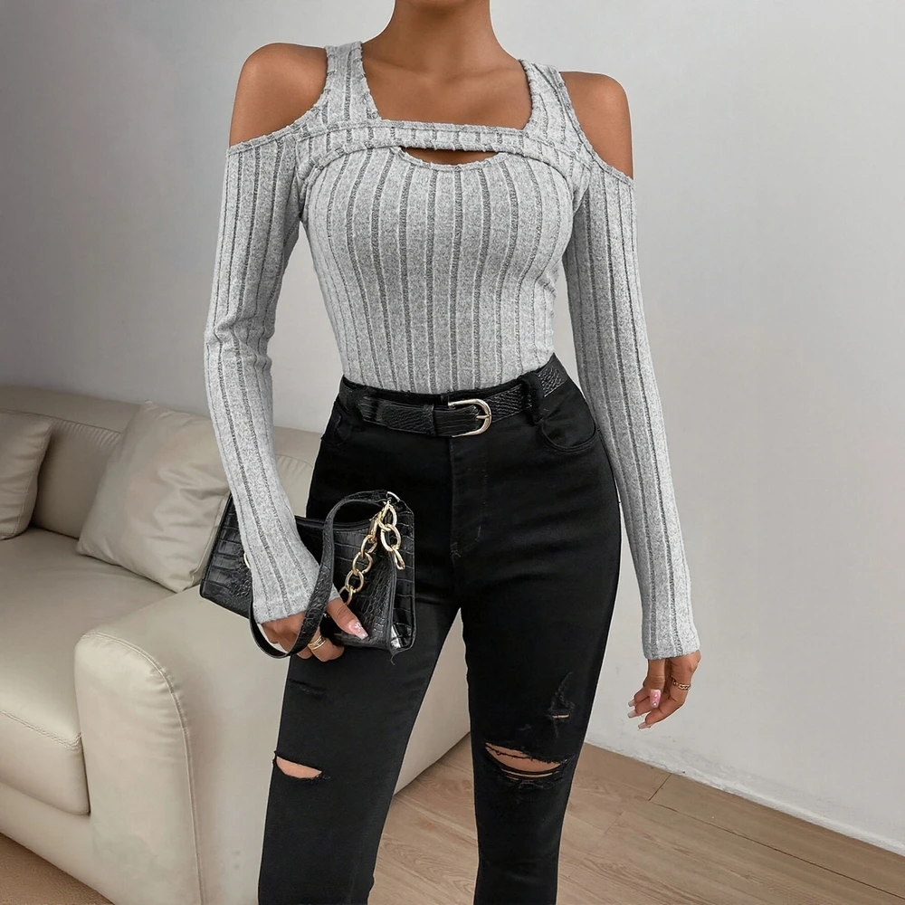 

Осенне-зимние женские футболки, корейские базовые однотонные футболки с длинными рукавами и открытыми плечами с воланами