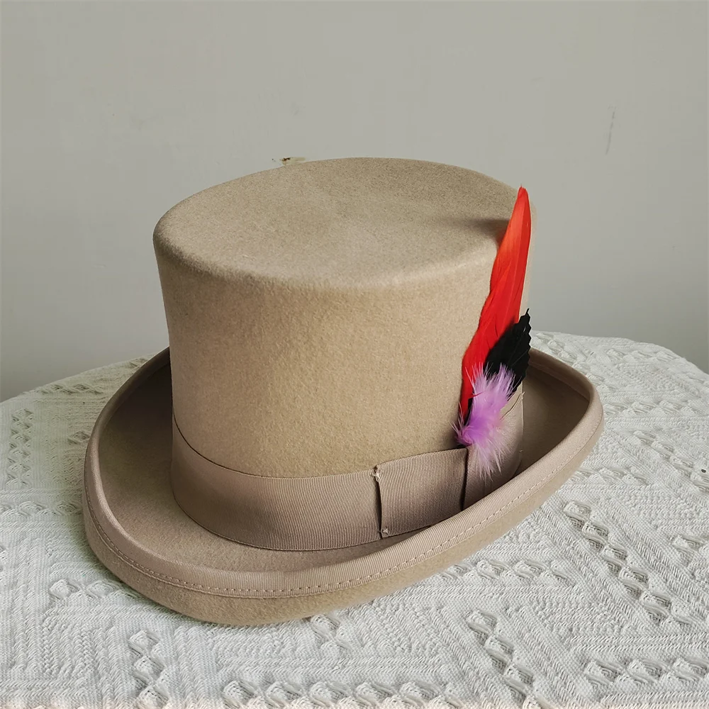 Purplish Red 100% Wool Hat for Men and Women Fedora Top Gentleman Bowler Hat Black White Feather Magic Hat Presidential Hat