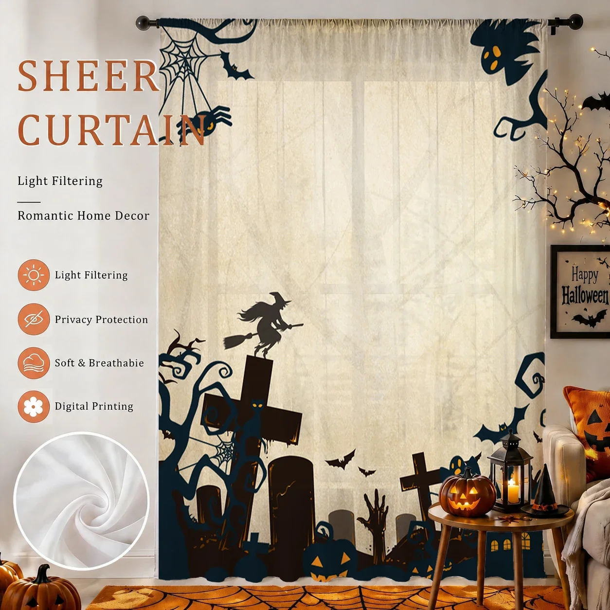 Halloween Festival Sheer Curtain, Good Quality Light Reducing Privacy Voile For Living/Bedroom/Kids Room,Halloween Festival Gift