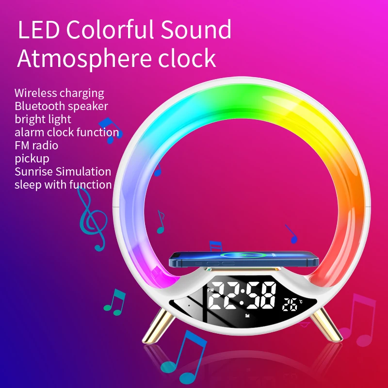 New 3 in 1 Multi-function Night Light with Wireless Charging Bluetooth Speaker Smart Alarm Clock Atmosphere Light for Bedroom