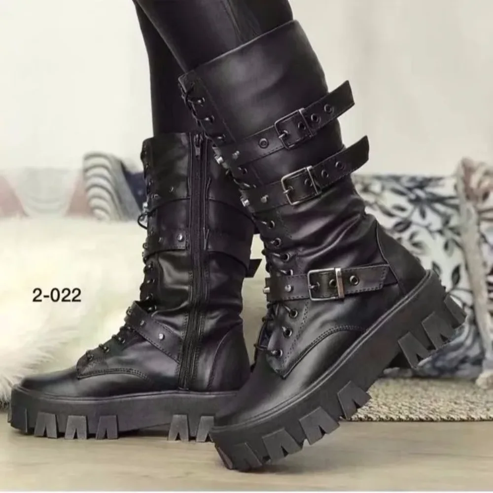 Women\'s Autumn Uk Style Boots Mid-high Heels Punk Attitude Independent Standing Long Tube Knight Boots Rubber Upper