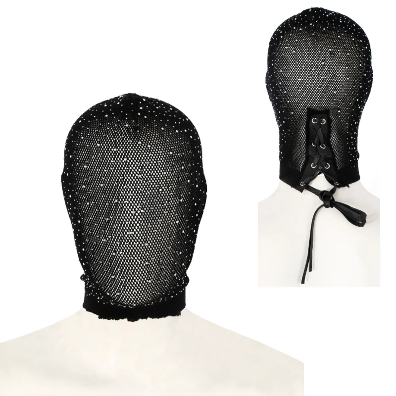 New Mysterious Black Lace Unisex Sexy Head Mask Bling Colored Diamond Face Cover for Cosplay Party Ball Performance Mask Headgea