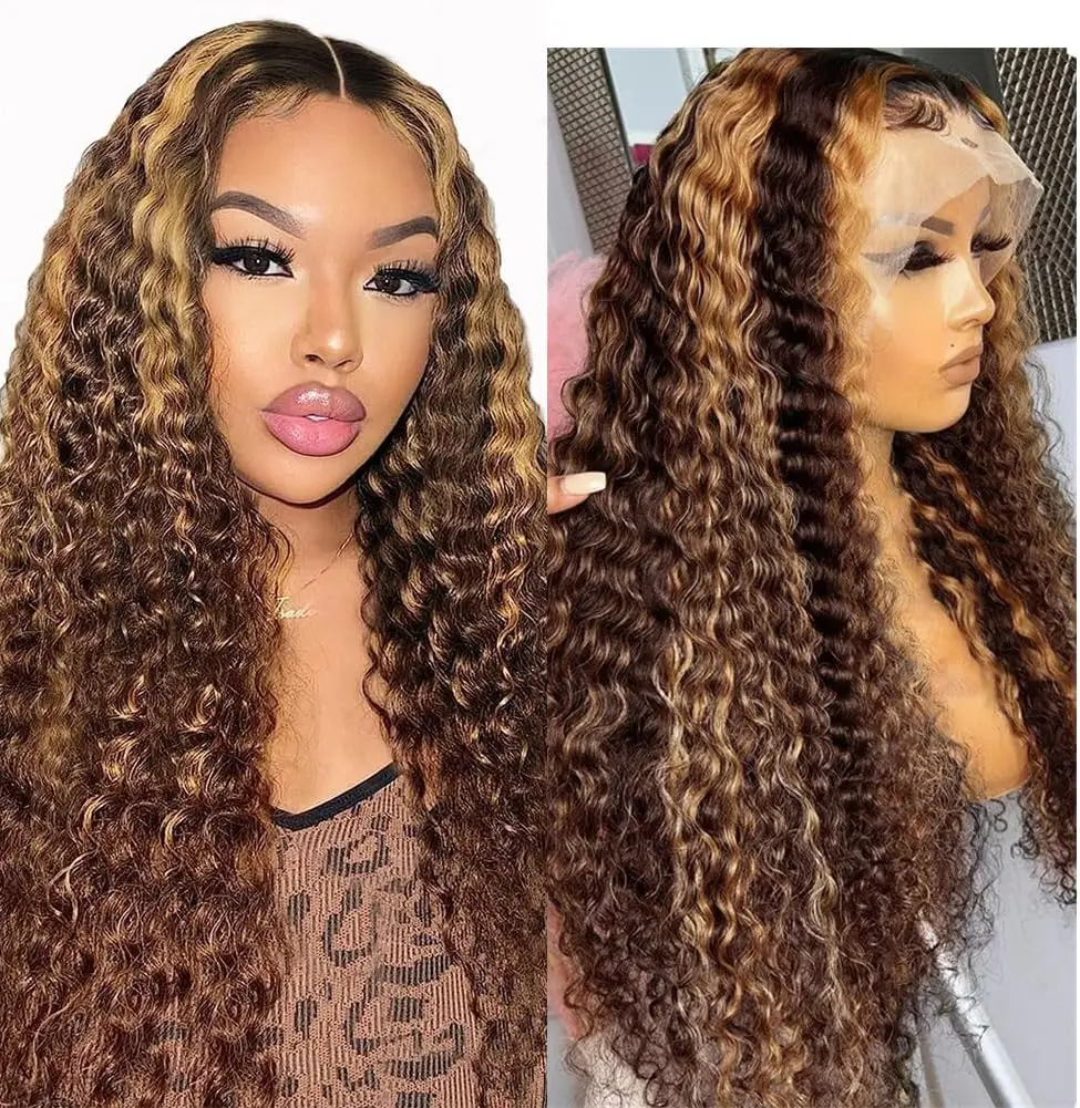 Pelucas frontales de encaje de onda profunda para mujeres, cabello humano transparente, prearrancado, 4 #27, 13 × 4, 5 × 5