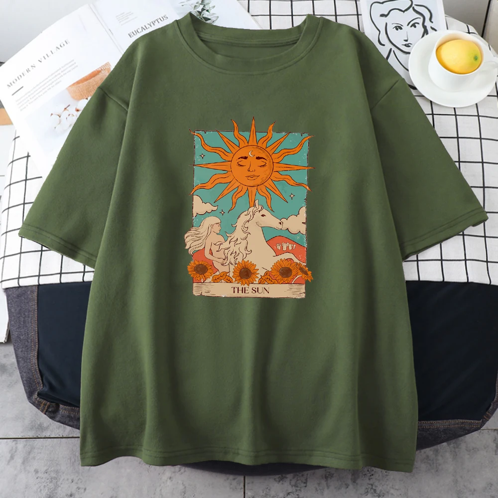 Tarot Card Art The Sun Male Cotton T Shirt High Street Vintage Clothing Breathable Casual O-Neck Short Sleeve Mens Cotton Tops