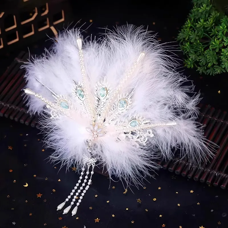 Traditional Chinese Feather Hairwear Gorgeous Hair Jewelry Headpiece Hanfu Accessory Bride Hairpin Wedding Phoenix Tiara Crown