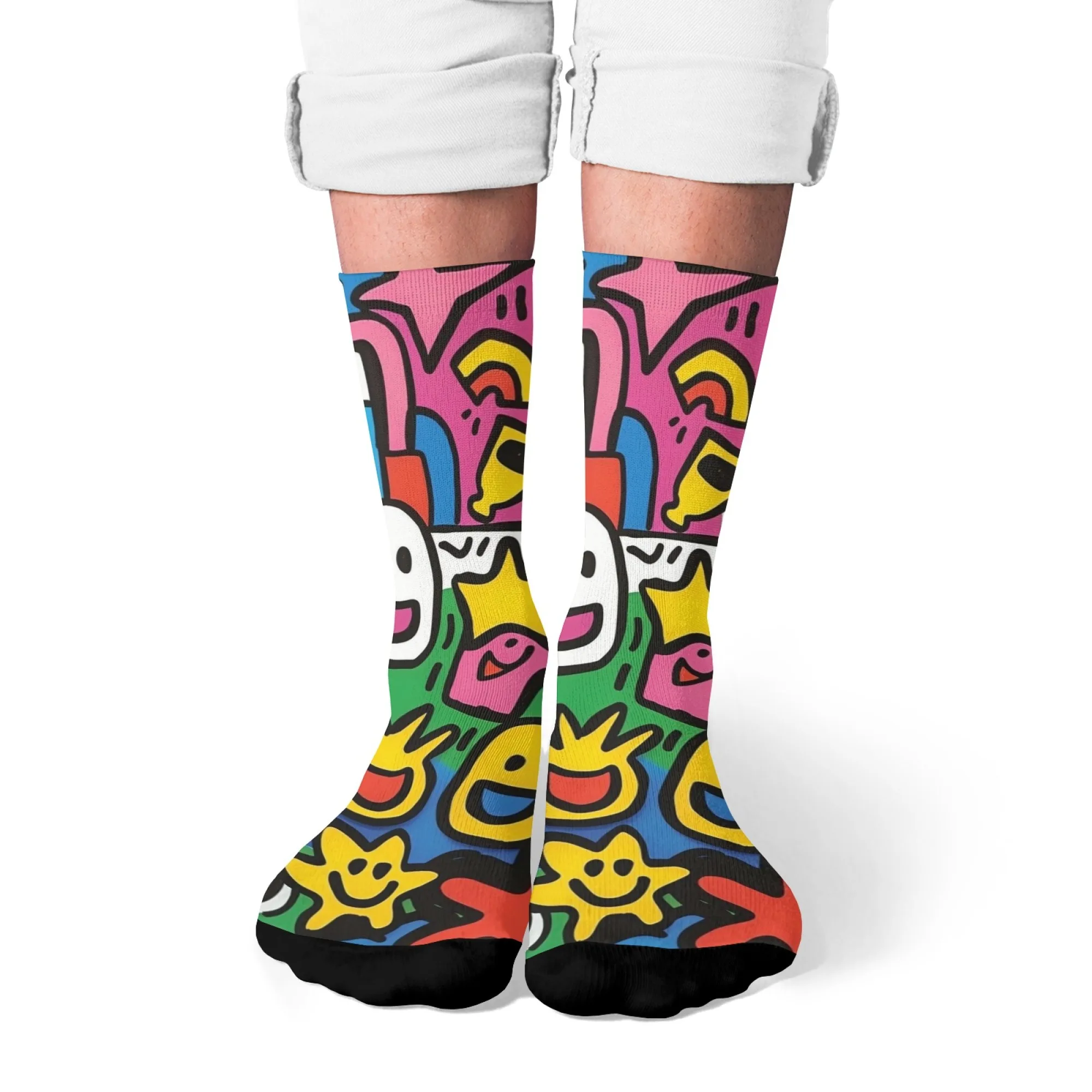Retro-lustige Herren-Crew-Socken im Pop-Kultur-Stil, Smile Face Print, Crew-Socken, bequeme Socken für lässige Streetwear und den Alltag