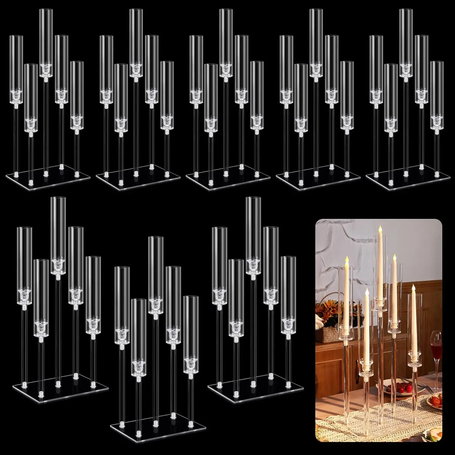 

2-10pcs Set Acrylic Candelabra Centerpieces 5 Arm Clear Candelabra Candle Holder Acrylic Taper Candlestick with Rectangular Base