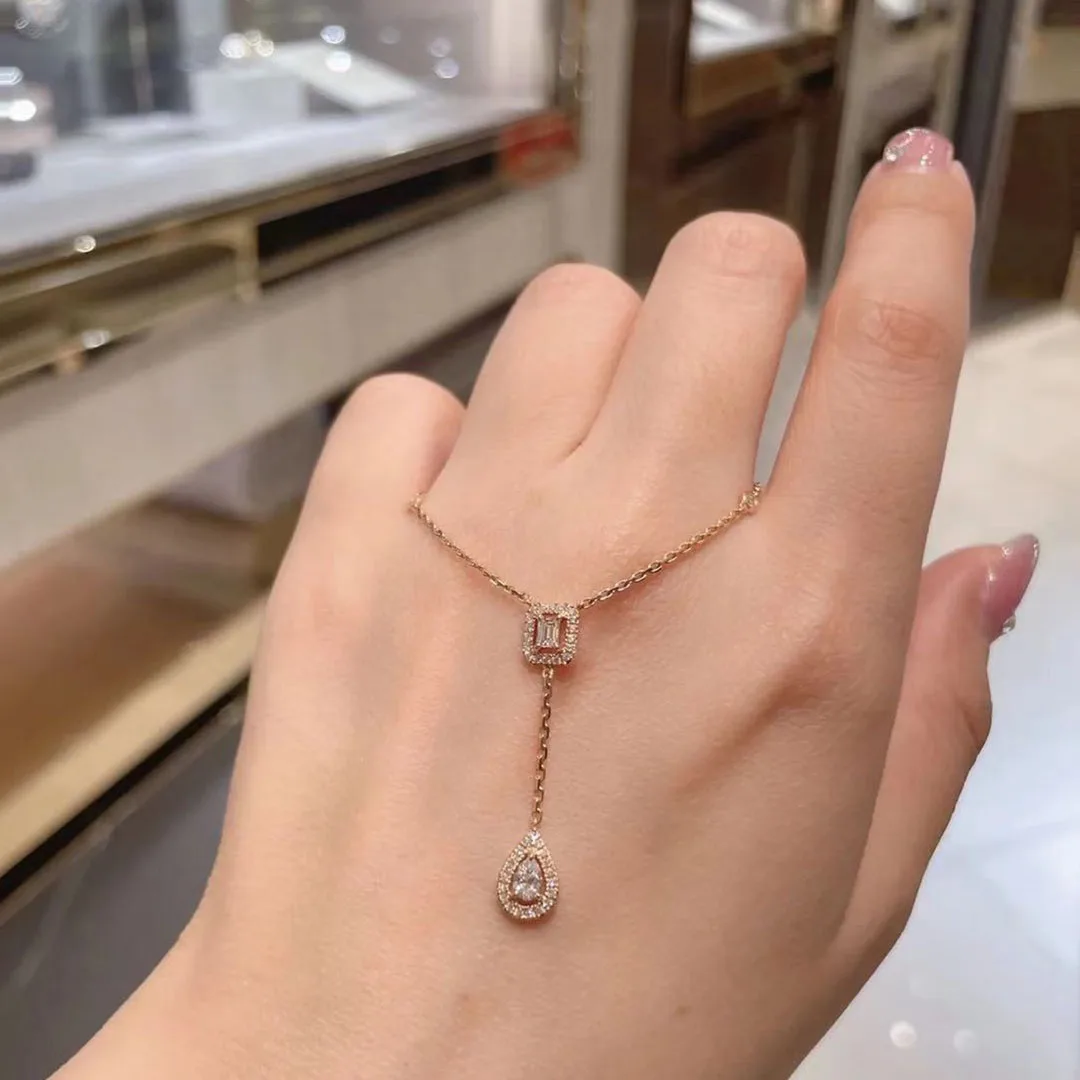 

French Jewelry 925 Pure Silver Women's Zircon Water Drop Style Necklace, Sparkling and Dazzling Valentine's Anniversary Gift