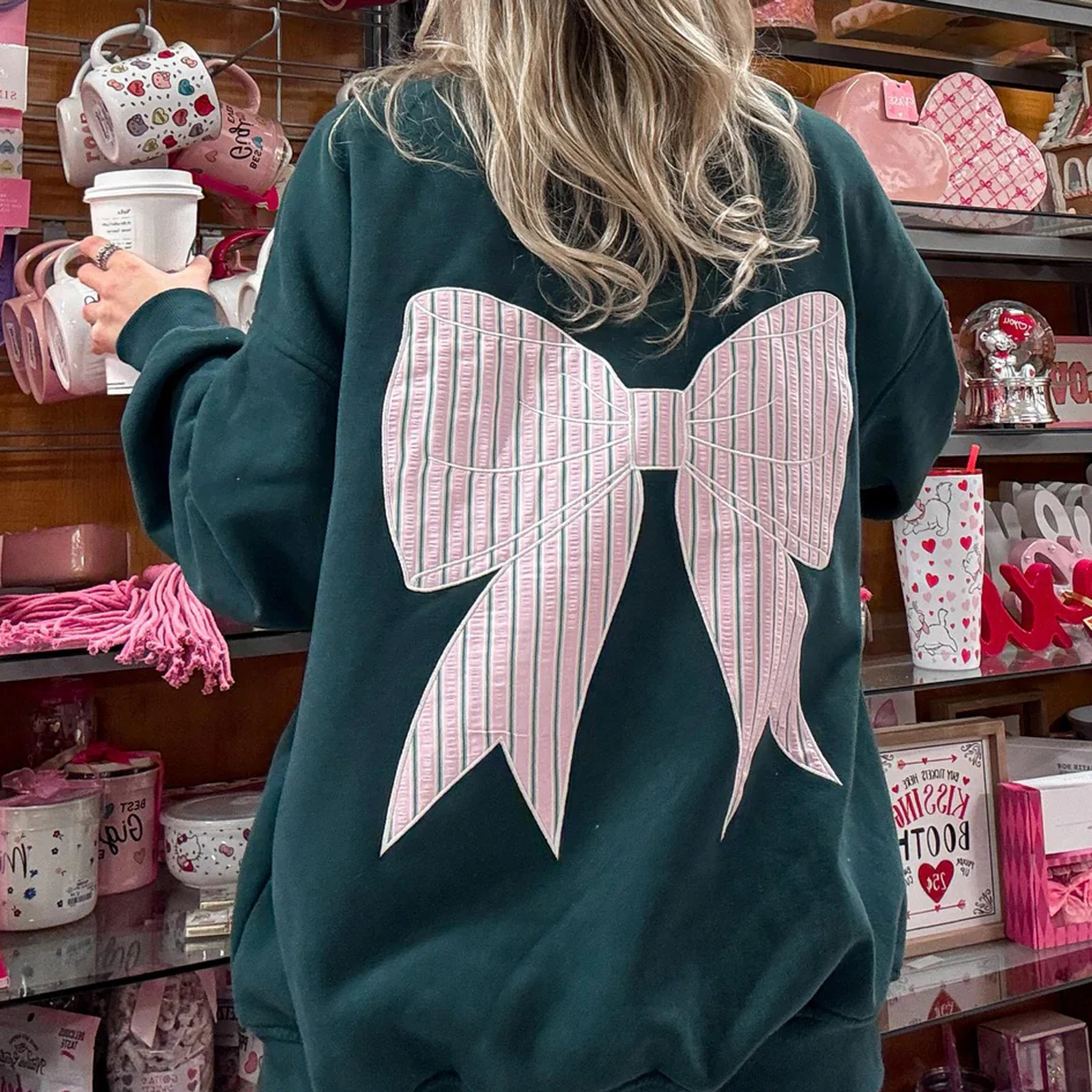 Street chic damessweatshirt met strikprint, herfst/winter, stijlvolle trui met strik, geborduurde ronde hals en lange mouwen, losse pasvorm