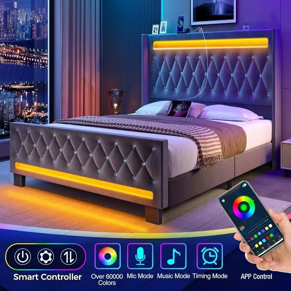 إطار سرير كامل مع ضوء LED ومحطة شحن، لوح رأسي مرتفع ولوح قدم، شرائح خشبية، إطار سرير